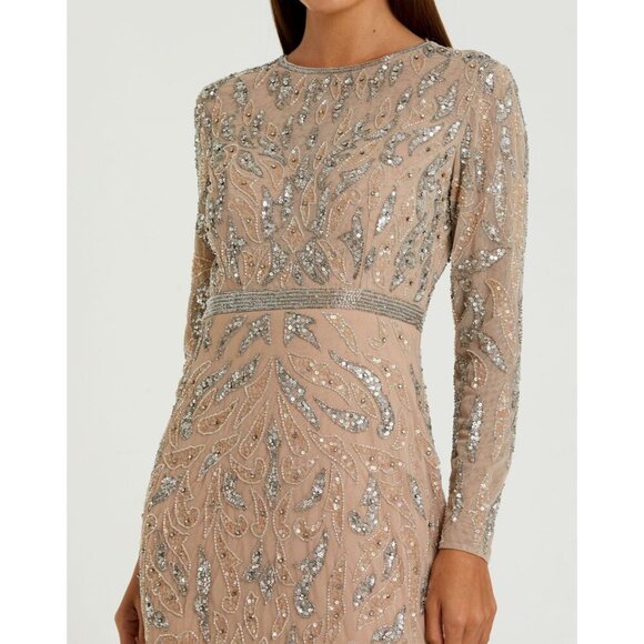 NWT Mac Duggal 5124 Beige Long Sleeve Beaded Evening Gown Size 12 - Picture 2 of 10